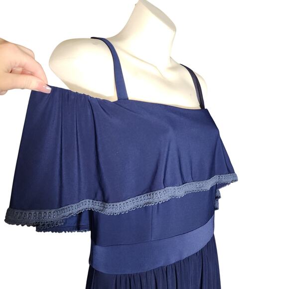 Eliza J Sz 12 Navy Blue Off Shoulder Tiered Hem Ruffle Neckline Dress Maxi - Picture 4 of 8